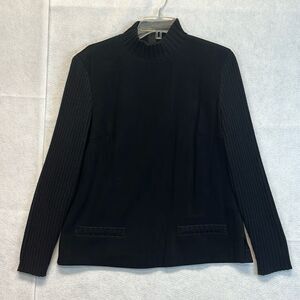 Vintage TALBOTS Stretch Sweater Top Women's Size 10 Black Faux Suede Wool Blend